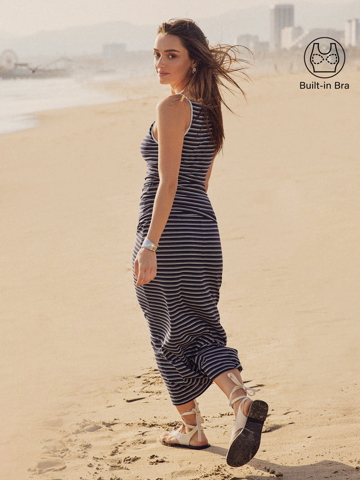 OGLmove 2Pcs Set Striped Spaghetti Bra Top & Low Rise Striped Midi Skirt