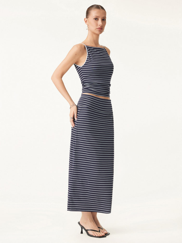 OGLmove 2Pcs Set Striped Spaghetti Bra Top & Low Rise Striped Midi Skirt