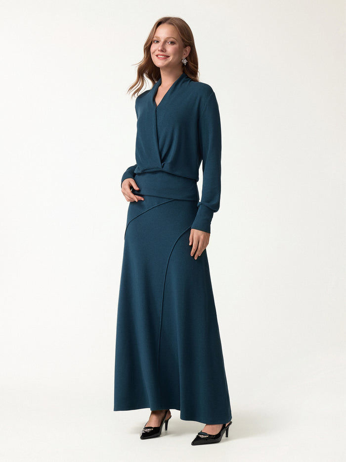 OGLmove 2Pcs Set Surplice Long Sleeve Banded Hem Top & A-Line Midi Skirt