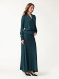 OGLmove 2Pcs Set Surplice Long Sleeve Banded Hem Top & A-Line Midi Skirt Forest Night XXS