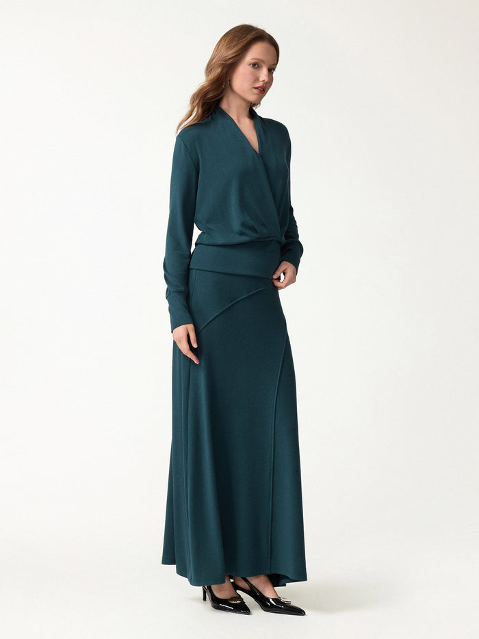 OGLmove 2Pcs Set Surplice Long Sleeve Banded Hem Top & A-Line Midi Skirt Forest Night XXS