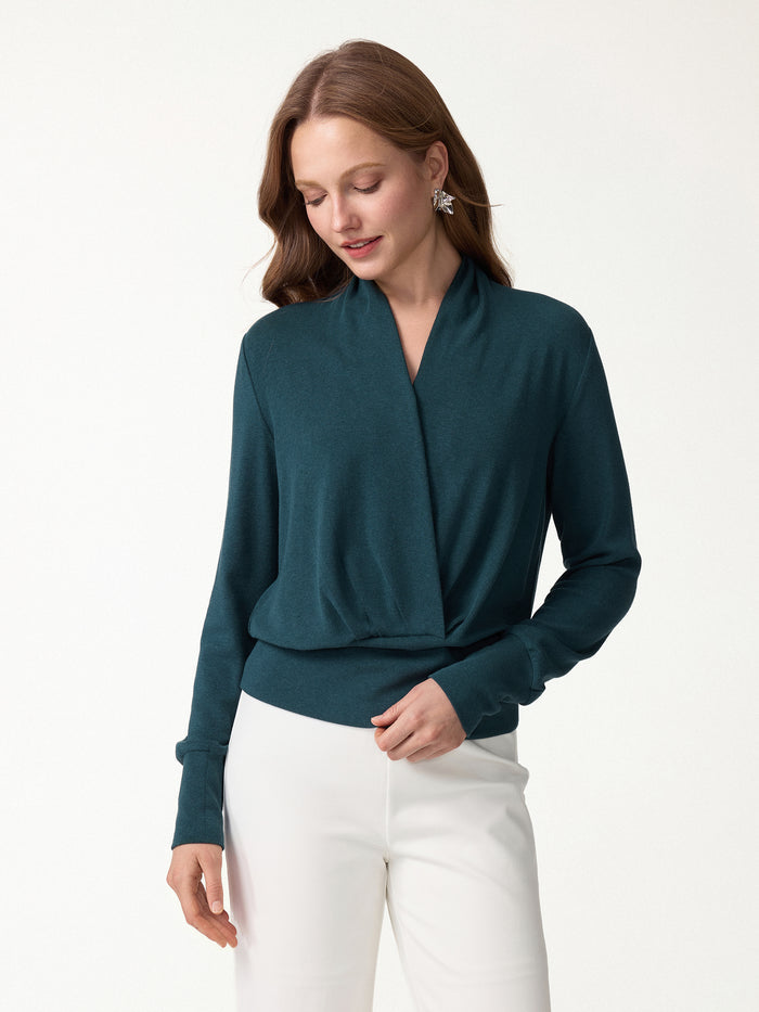 OGLmove 2Pcs Set Surplice Long Sleeve Banded Hem Top & A-Line Midi Skirt