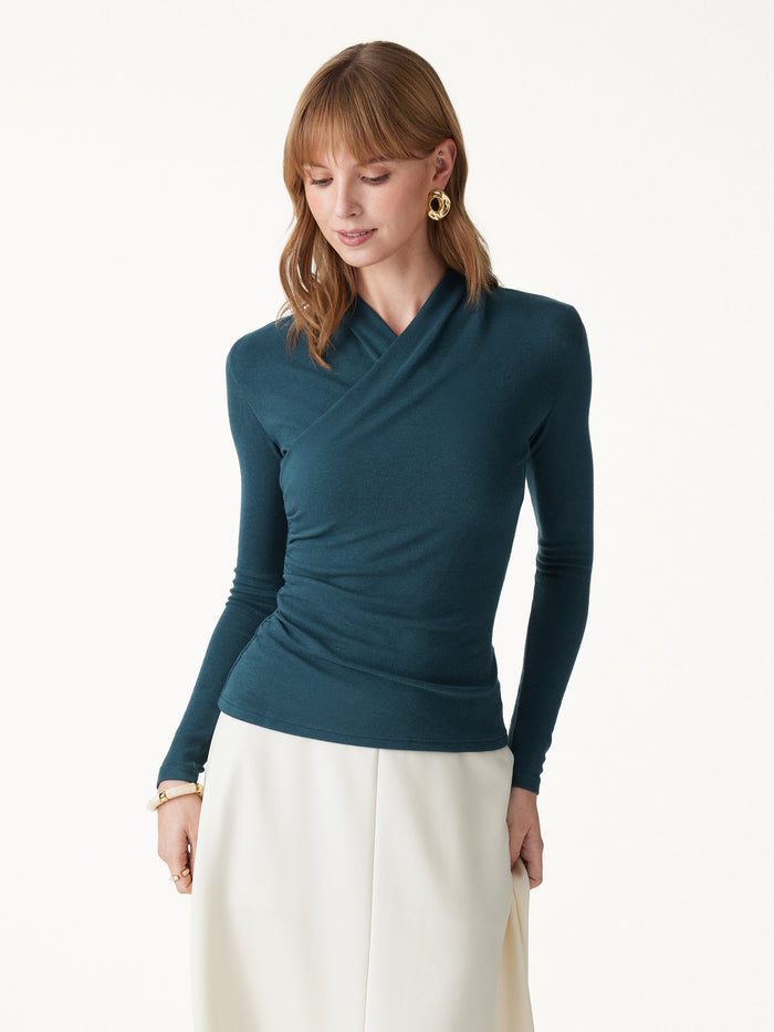 OGLmove 2Pcs Set Surplice Long Sleeve Top & A-Line Midi Skirt