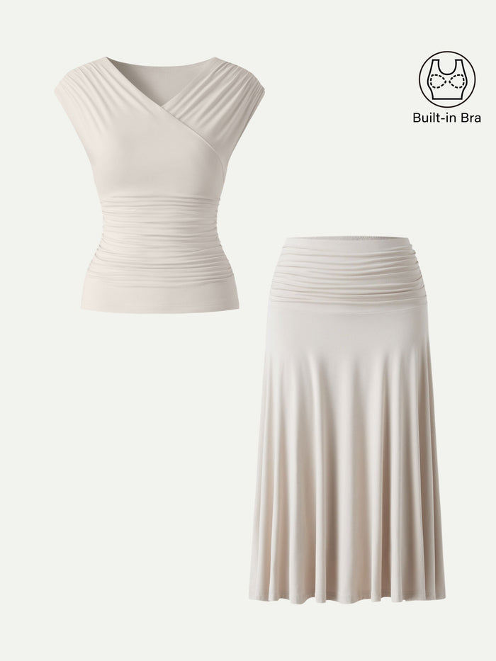 OGLmove 2Pcs Set Surplice V-Neck Bra Top & Side Ruched A-line Midi Skirt