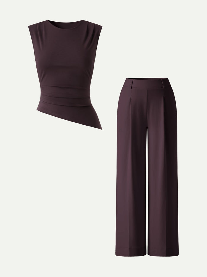 OGLmove 2Pcs Set Tucked Asymmetrical Hem Top & High Rise Wide Leg Pant