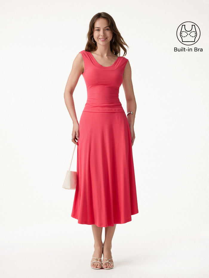 OGLmove 2Pcs Set U-Neck Bra Tank & Midi Skirt with Pockets Teaberry Red XS