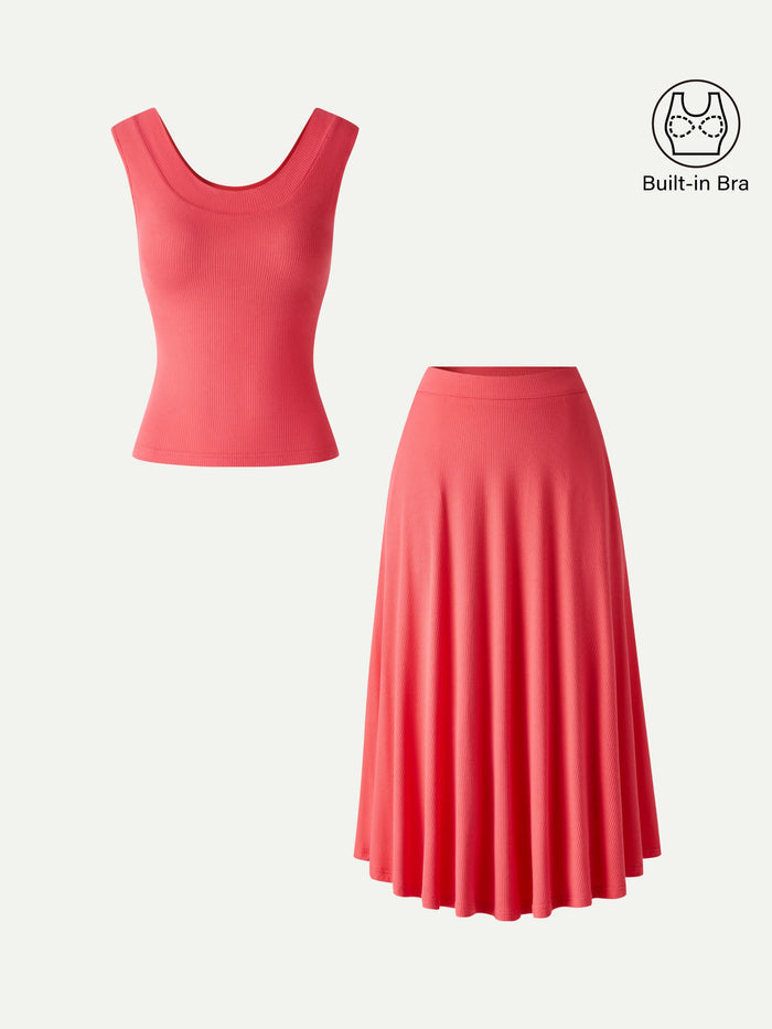 OGLmove 2Pcs Set U-Neck Bra Tank & Midi Skirt with Pockets