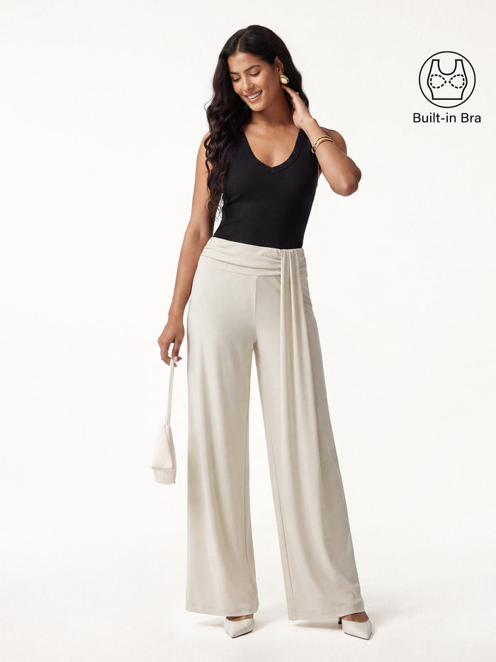 OGLmove 2Pcs Set V-neck Bra Tank & Mid-Rise Wide-Leg Lounge Pants Black/Morning Mist XS