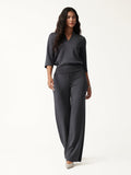 OGLmove 2Pcs Set V-Neck Elbow Sleeve Top & High-Rise Wide Leg Pants with Pockets