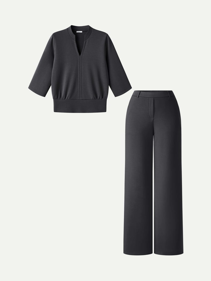 OGLmove 2Pcs Set V-Neck Elbow Sleeve Top & High-Rise Wide Leg Pants with Pockets Bush Grey XXS