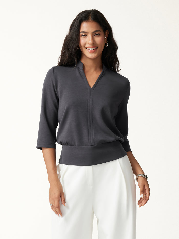 OGLmove 2Pcs Set V-Neck Elbow Sleeve Top & High-Rise Wide Leg Pants with Pockets