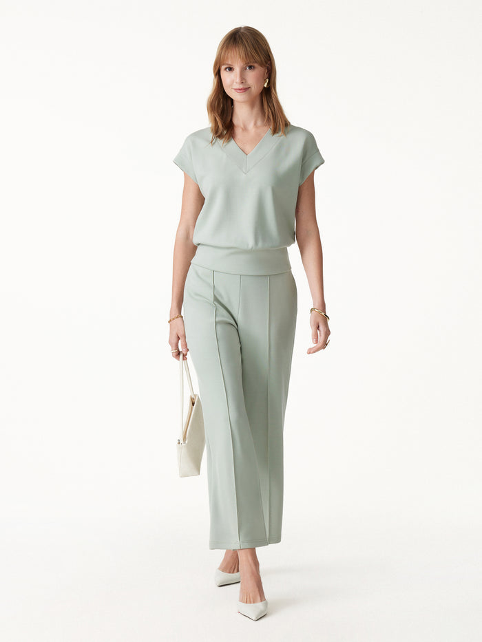 OGLmove 2Pcs Set V-Neck Short Sleeve Top & Cropped Straight-Leg Pants with Pockets Lily Green XXS