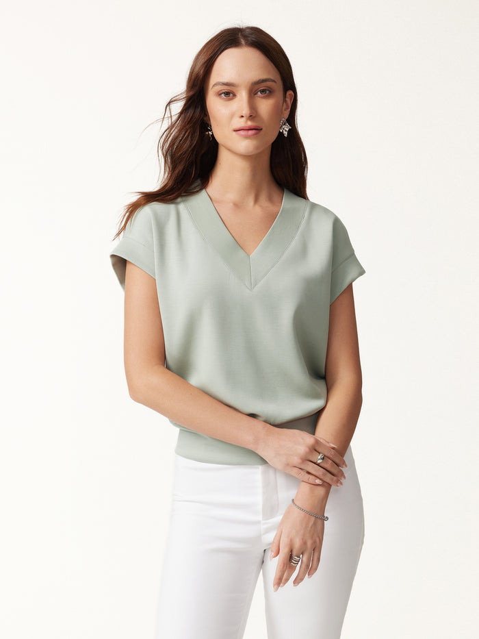 OGLmove 2Pcs Set V-Neck Short Sleeve Top & Cropped Straight-Leg Pants with Pockets
