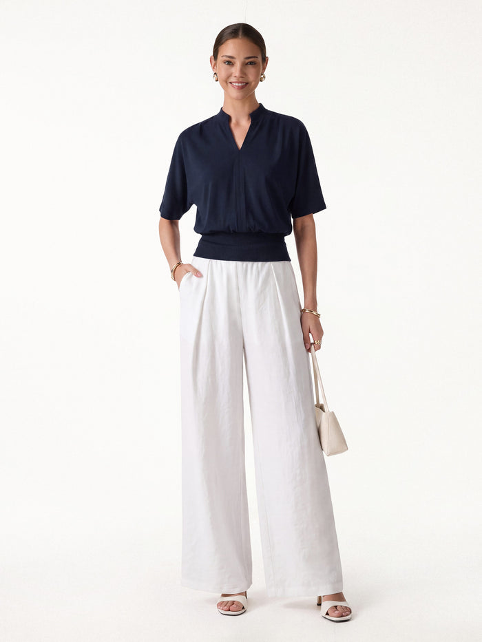 OGLmove 2Pcs Set V-Neck Short Sleeve Top & Mid Rise Wide Leg Pant with Pockets Navy/Linen White XS