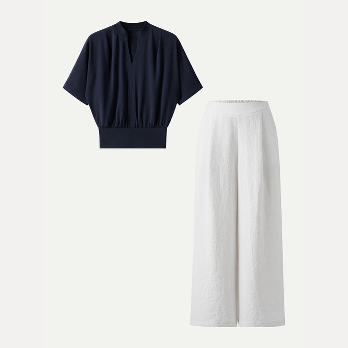 OGLmove 2Pcs Set V-Neck Short Sleeve Top & Mid Rise Wide Leg Pant with Pockets
