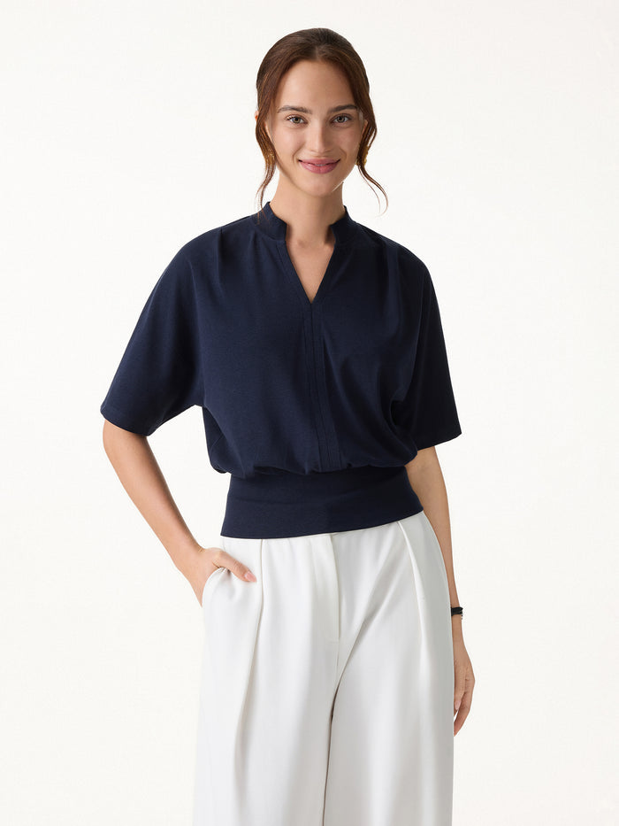 OGLmove 2Pcs Set V-Neck Short Sleeve Top & Mid Rise Wide Leg Pant with Pockets