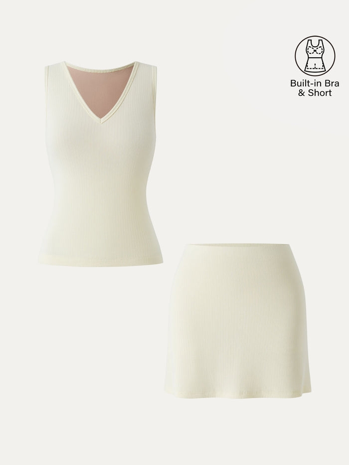 OGLmove 2Pcs Set V-neck Sleeveless Bra Tank & A-line Mini Skirt with Built-in Shorts