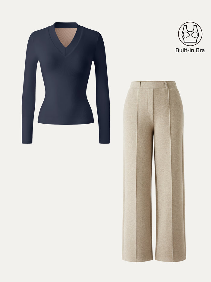 2Pcs Set V-neck Slimming Brami Top & High Waisted Straigh Leg Pant