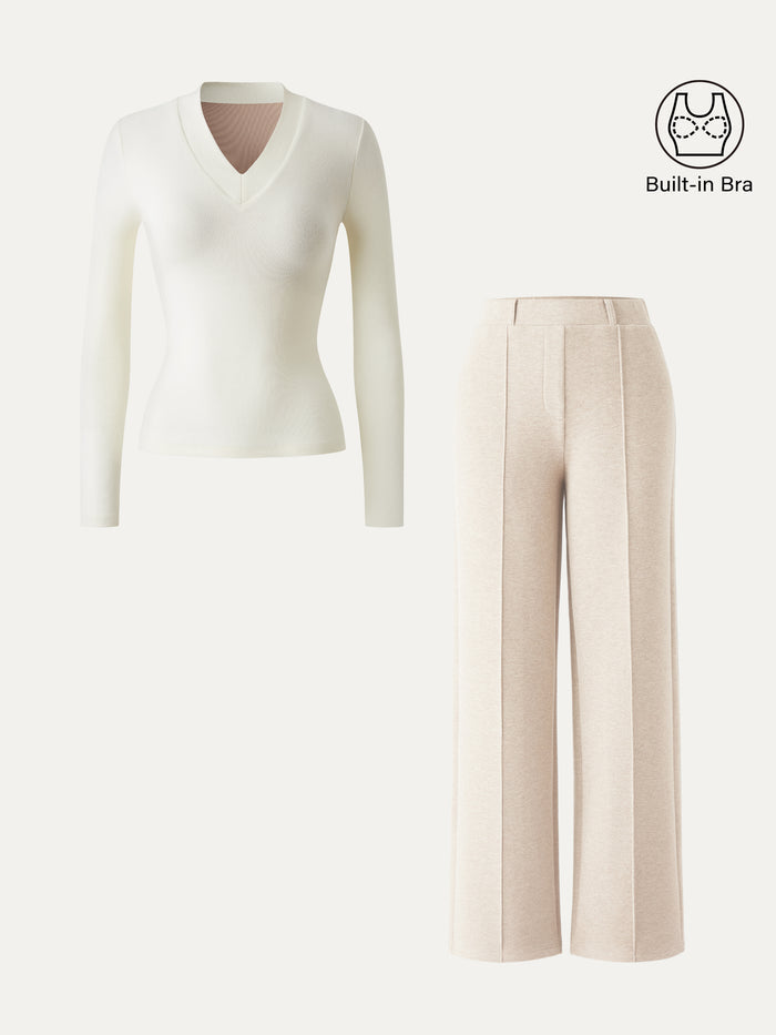 2Pcs Set V-neck Slimming Brami Top & High Waisted Straigh Leg Pant