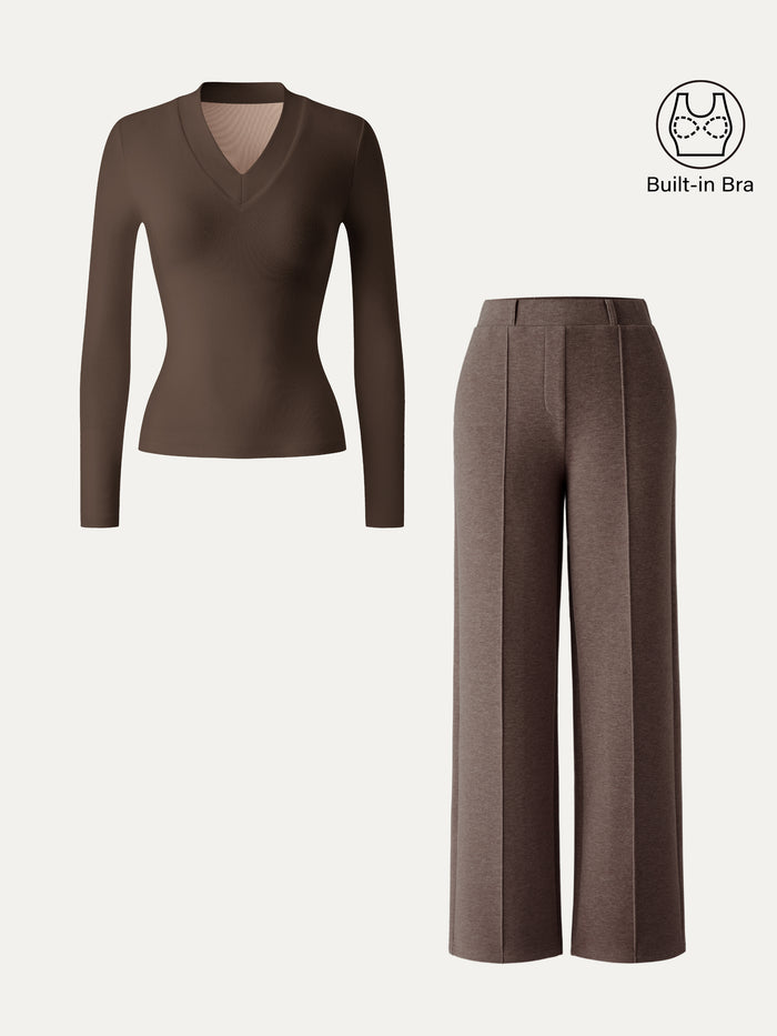 2Pcs Set V-neck Slimming Brami Top & High Waisted Straigh Leg Pant