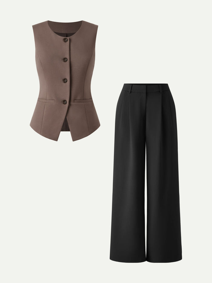 OGLmove 2Pcs Set Waistcoat with Pockets & Wide Leg Pant with Pockets