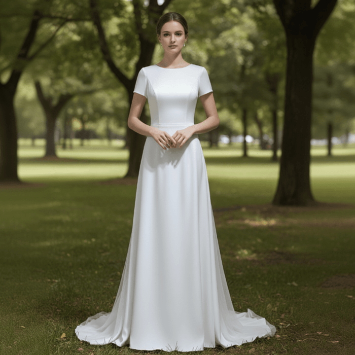 A-line Simple Satin White Wedding Dress with Short Sleeve - Rosymae