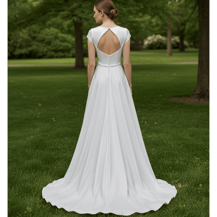 A-line Simple Satin White Wedding Dress with Short Sleeve - Rosymae