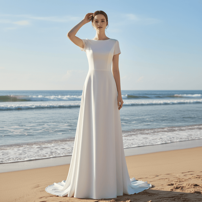 A-line Simple Satin White Wedding Dress with Short Sleeve - Rosymae