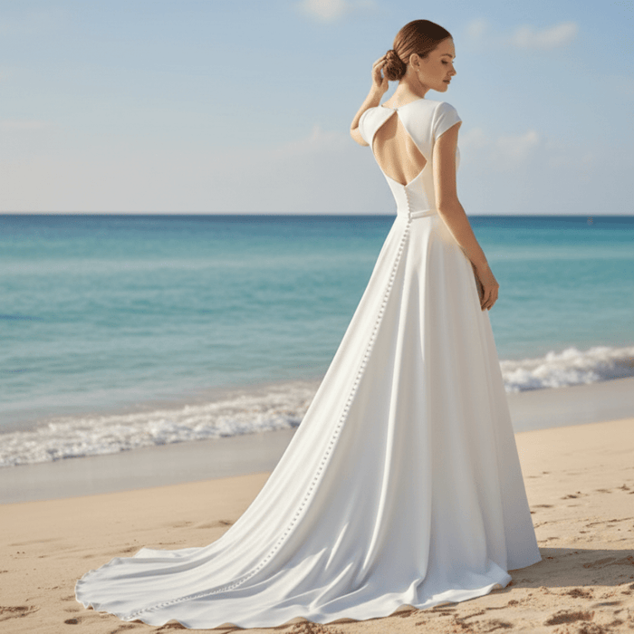 A-line Simple Satin White Wedding Dress with Short Sleeve - Rosymae