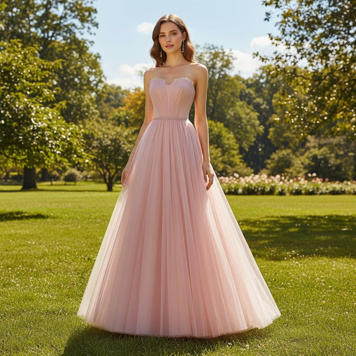 A-line Strapless Tulle Pink Evening Dresses Party Gowns - Rosymae
