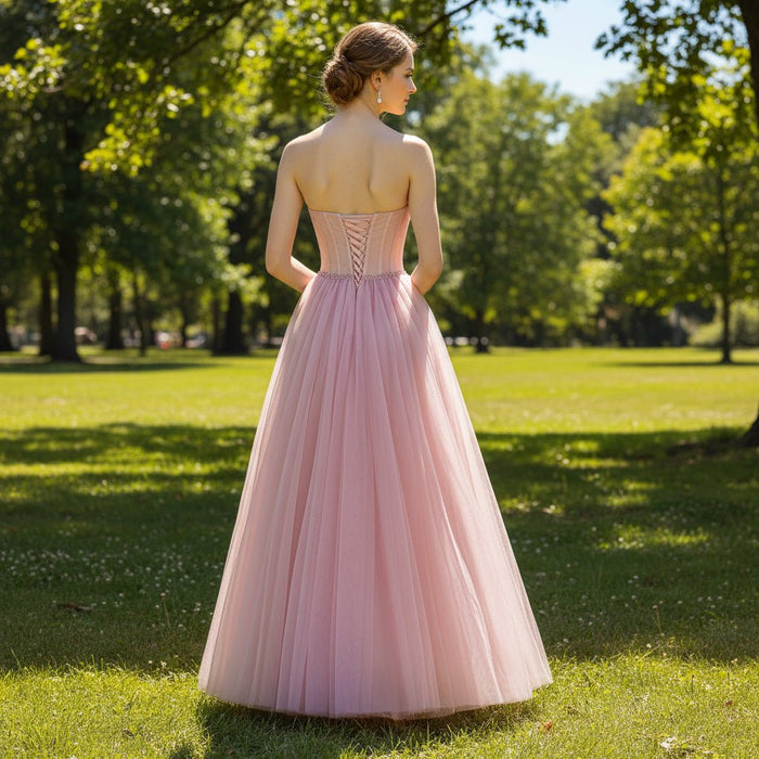 A-line Strapless Tulle Pink Evening Dresses Party Gowns - Rosymae