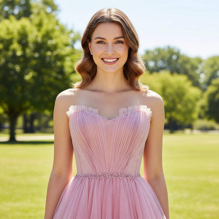 A-line Strapless Tulle Pink Evening Dresses Party Gowns - Rosymae