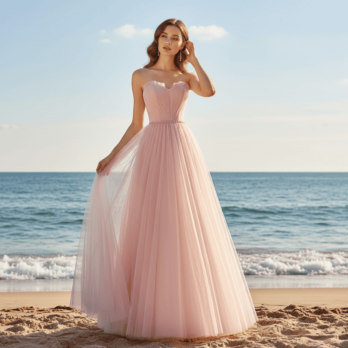 A-line Strapless Tulle Pink Evening Dresses Party Gowns - Rosymae