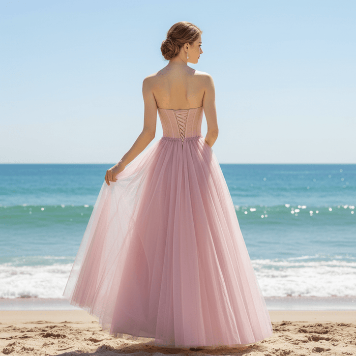 A-line Strapless Tulle Pink Evening Dresses Party Gowns - Rosymae
