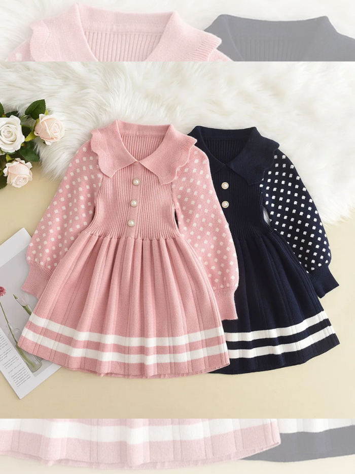 Adorable Polka Dot Sleeve Pleated Knit Dress Mia Belle Girls