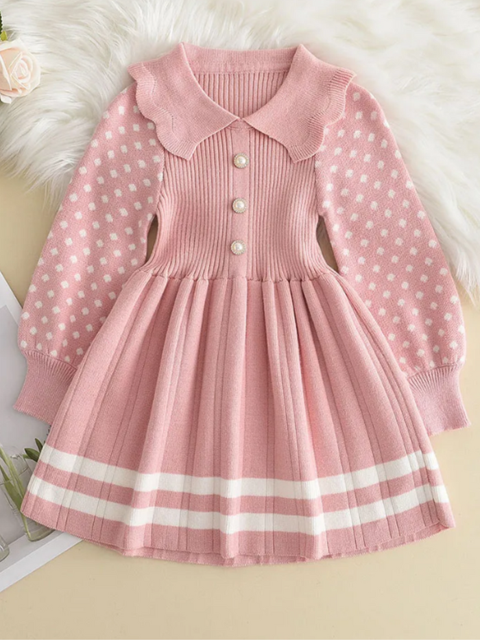 Adorable Polka Dot Sleeve Pleated Knit Dress Mia Belle Girls