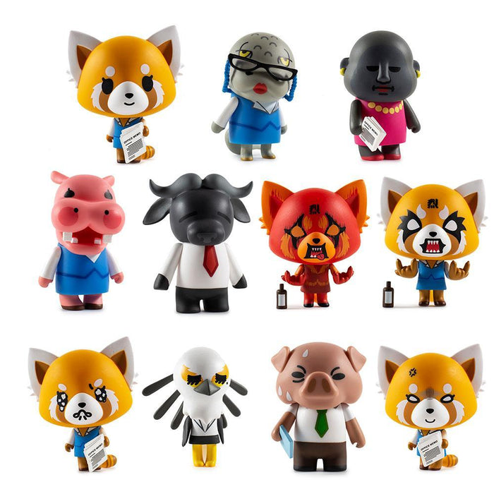 Aggretsuko vinyl blind box figure from Kidrobot x Sanrio's Mini Series, featuring a collectible Sanrio character in a sealed box.