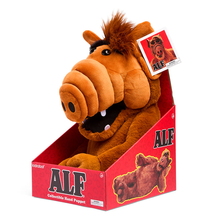 ALF 13-inch plush hand puppet by Kidrobot featuring soft fabric and detailed character design for playful display.