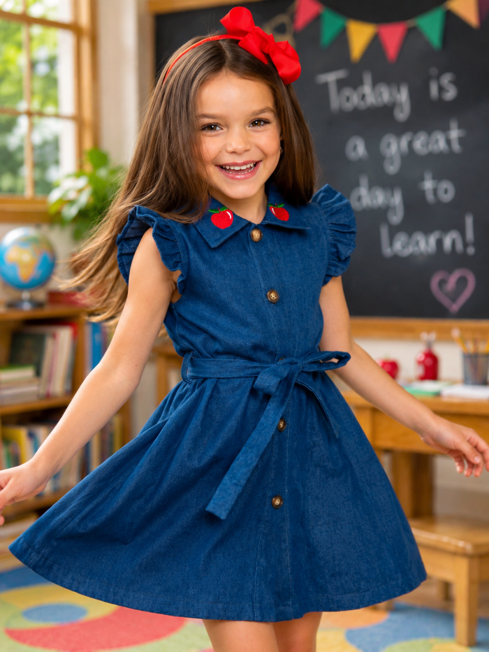 Apple Charm Embroidered Denim Dress