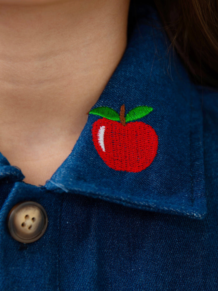 Apple Charm Embroidered Denim Dress