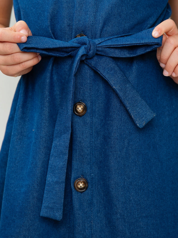 Apple Charm Embroidered Denim Dress