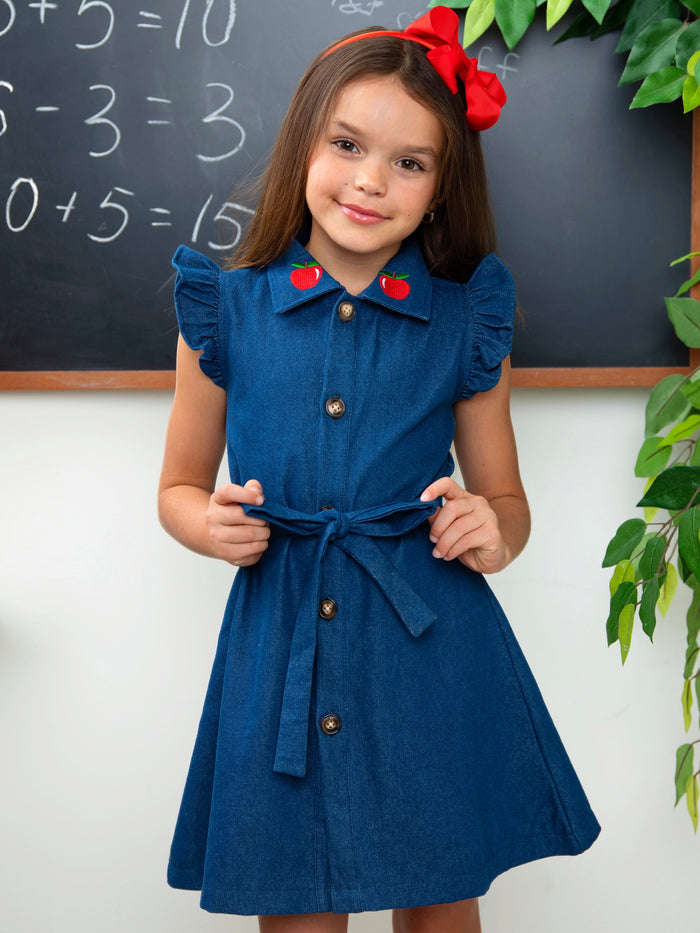 Apple Charm Embroidered Denim Dress
