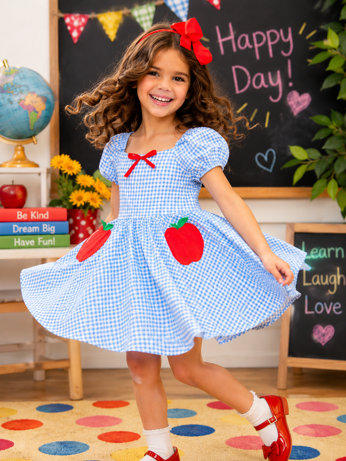 Apple Sweetheart Gingham Puff Sleeve Dress