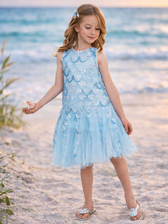 ocean blue sequin tulle dress for girls