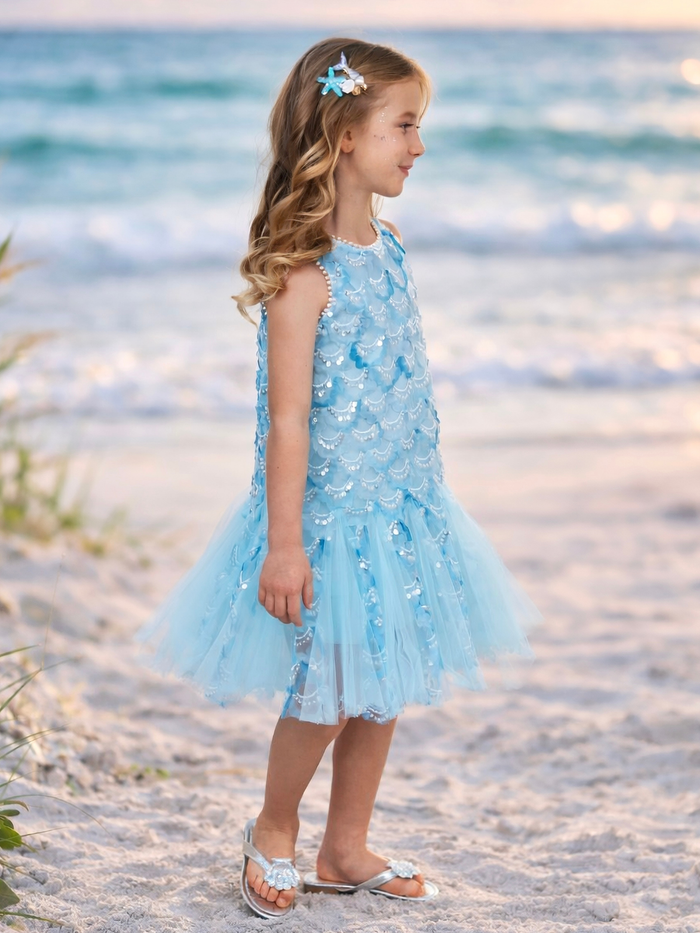 girls blue sequin party dress with tulle skirt