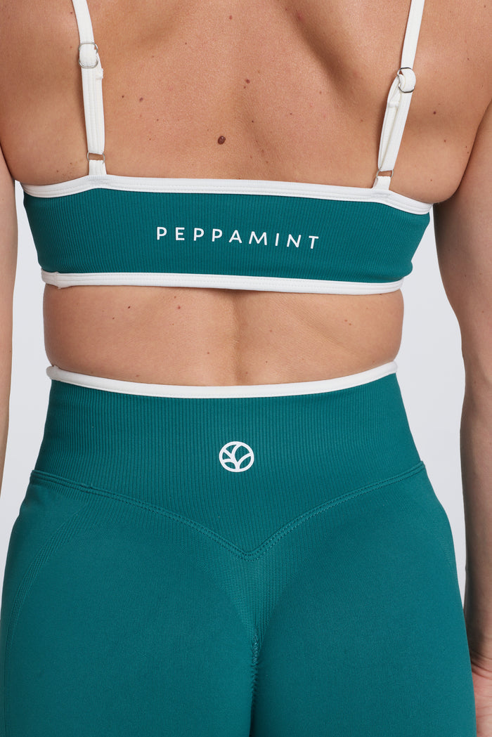 Seamless gym bra, with luxe white trim and adjustable back straps in teal colour.