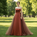 Asymmetrical Neck Rusty Formal Dress Tulle Party Prom Gown - Rosymae