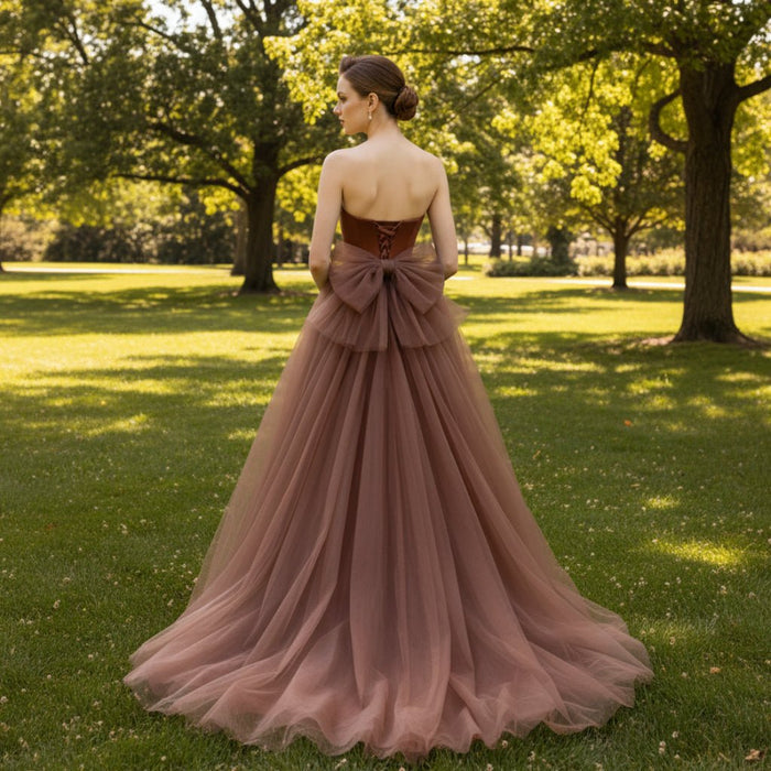 Asymmetrical Neck Rusty Formal Dress Tulle Party Prom Gown - Rosymae