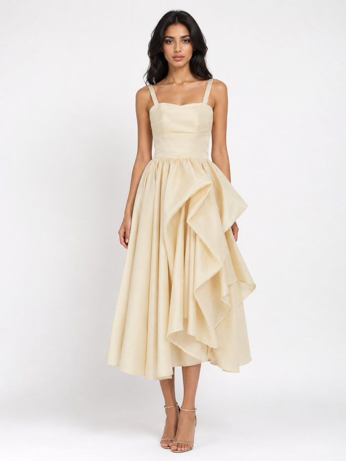Asymmetrical Ruffle Midi Dress - Champagne