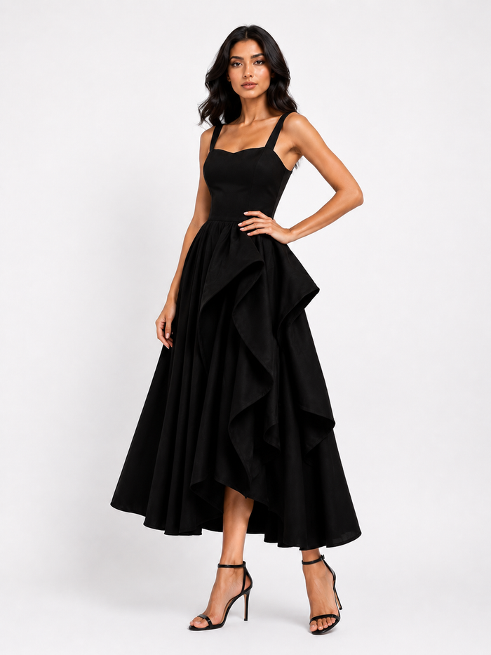 Asymmetrical Ruffle Midi Dress - Champagne